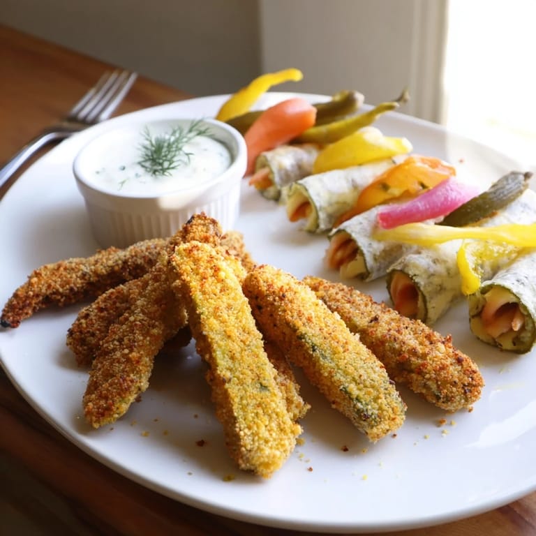 A delicious pickle lovers meal featuring fried pickles and assorted pickled veggies.  