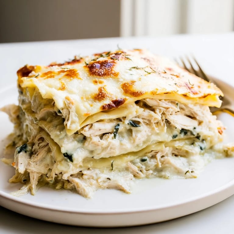 Delicious rosemary chicken lasagna, featuring tender chicken and aromatic herbs fresh from the oven.