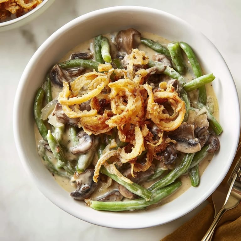 Delicious old-school green bean casserole with crunchy onions, perfect for family feasts.