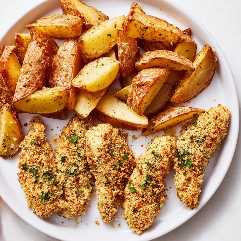 Close-up of juicy herbed chicken tenders and flavorful potato wedges, ready to eat with a squeeze of lemon.