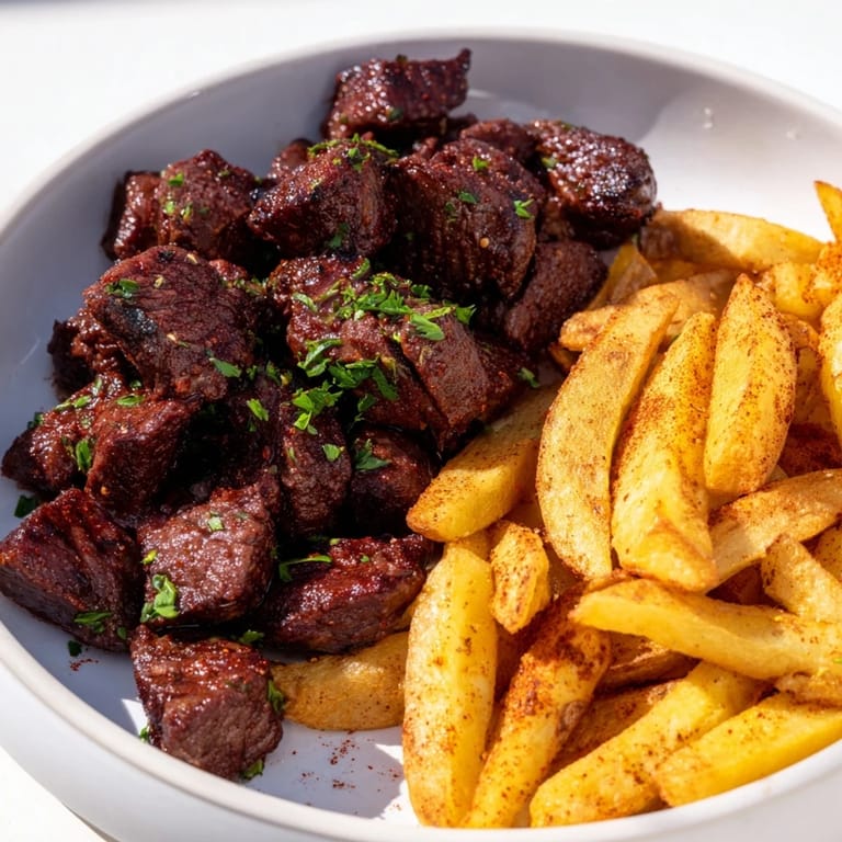 Close-up of tender, spicy Blackened Cajun steak bites with fries, ready to eat and bursting with flavor.