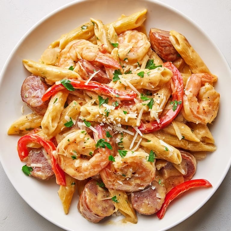 Delicious, creamy Cajun Sausage & Shrimp Alfredo Pasta skillet, perfect for a flavorful weeknight meal.