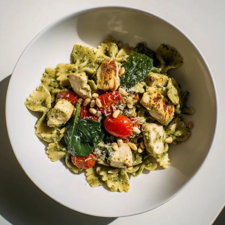 Flavorful Italian-American pesto chicken bowtie pasta, garnished with fresh basil leaves.