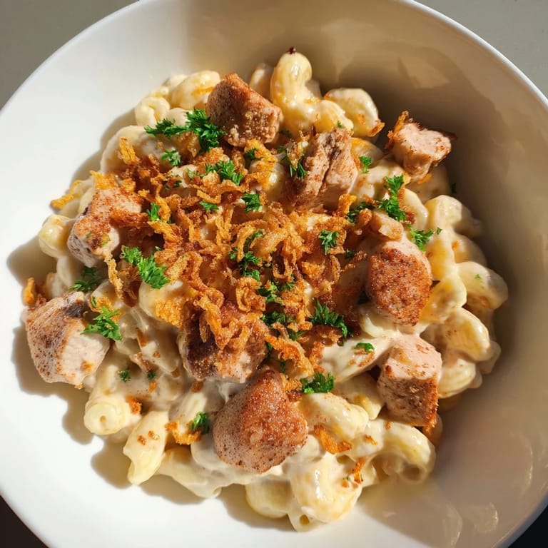 A close-up of creamy One-Pot Honey BBQ Chicken Mac and Cheese, the perfect comfort food for a cozy evening.