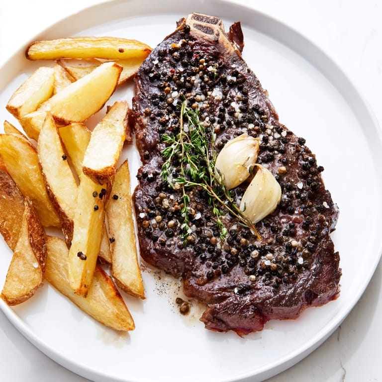 The juicy Classic Peppercorn Ribeye is plated with golden fries, a true steakhouse delight.