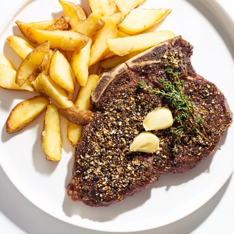 Enjoy the rich flavor of a Classic Peppercorn Ribeye, expertly cooked and paired with crispy fries.