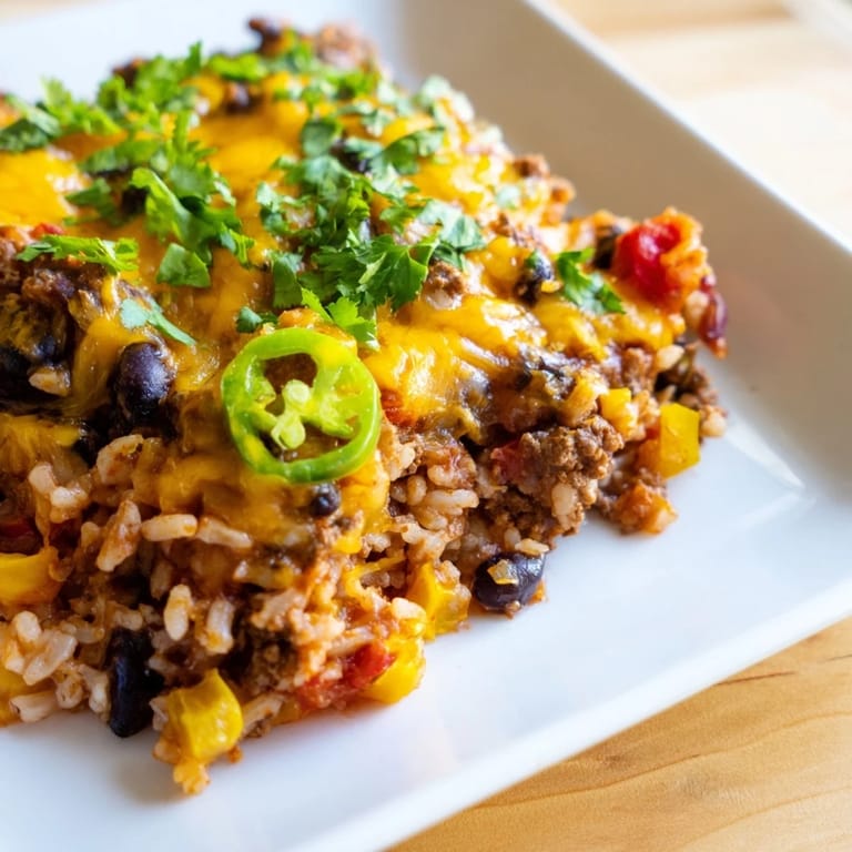 This delicious Tex-Mex Beef & Rice Casserole presents a satisfying meal with tender rice and flavorful beef.