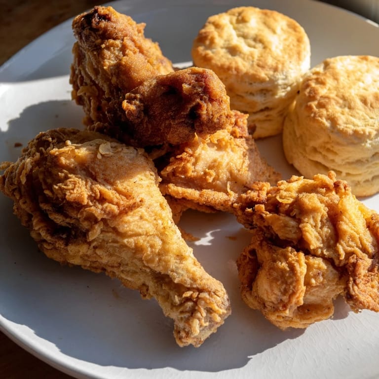 Enjoy flavorful Southern Fried Chicken, a delightful combination of savory chicken and buttery buttermilk biscuits.