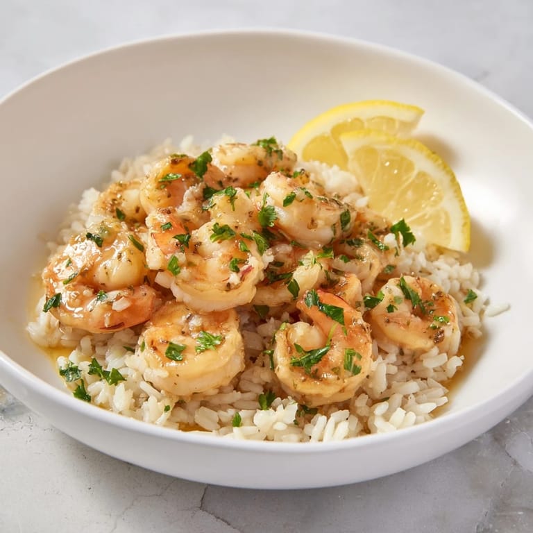 Vibrant Garlic Butter Shrimp Rice Bowl, with lemon wedges, easy to imagine its savory aromas.