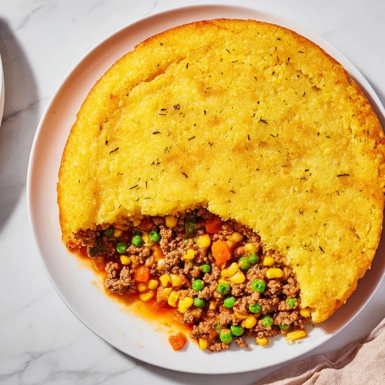A steaming slice of Cornbread Crusted Beef Pie, showcasing the hearty beef filling and fluffy cornbread topping.