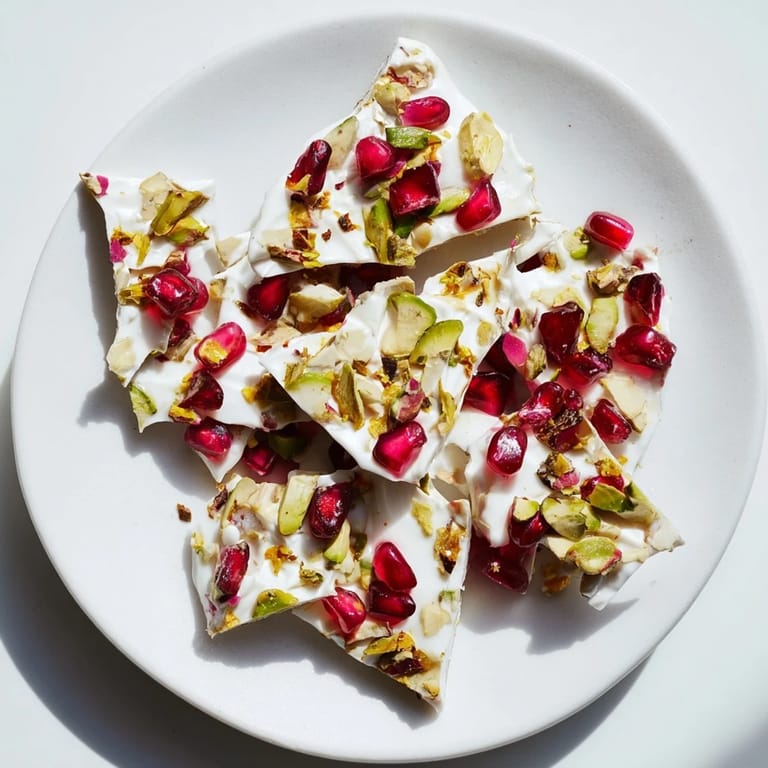 Homemade frozen yogurt bark, beautifully speckled with pistachios and pomegranate, made for a refreshing treat.