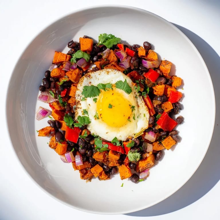 A steaming, delicious serving of Sweet Potato & Black Bean Breakfast Hash, perfect for a cozy weekend brunch.