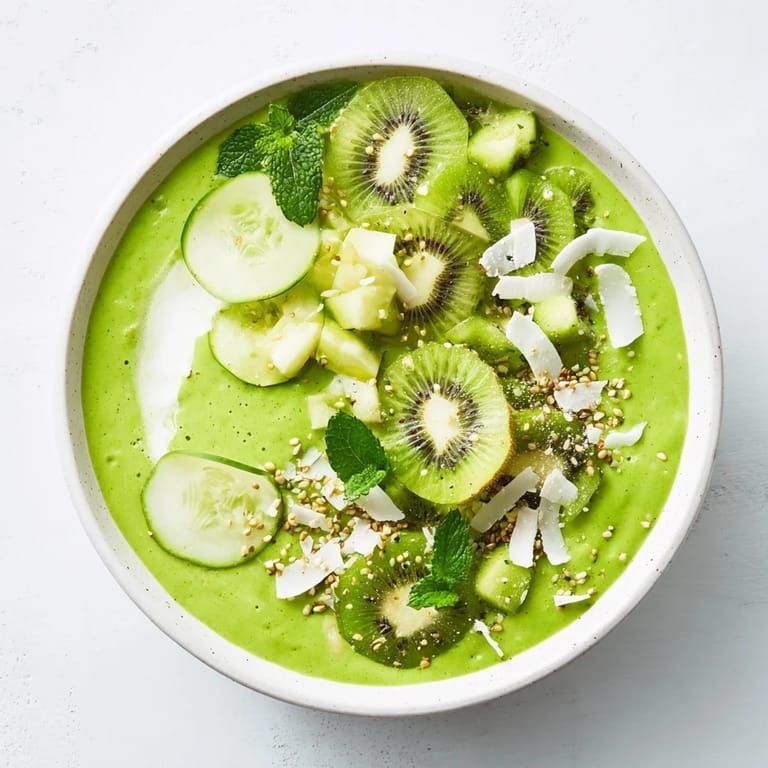 A vibrant green Smoothie Bowl with kale, cucumber and kiwi, offering a refreshing vegan breakfast.