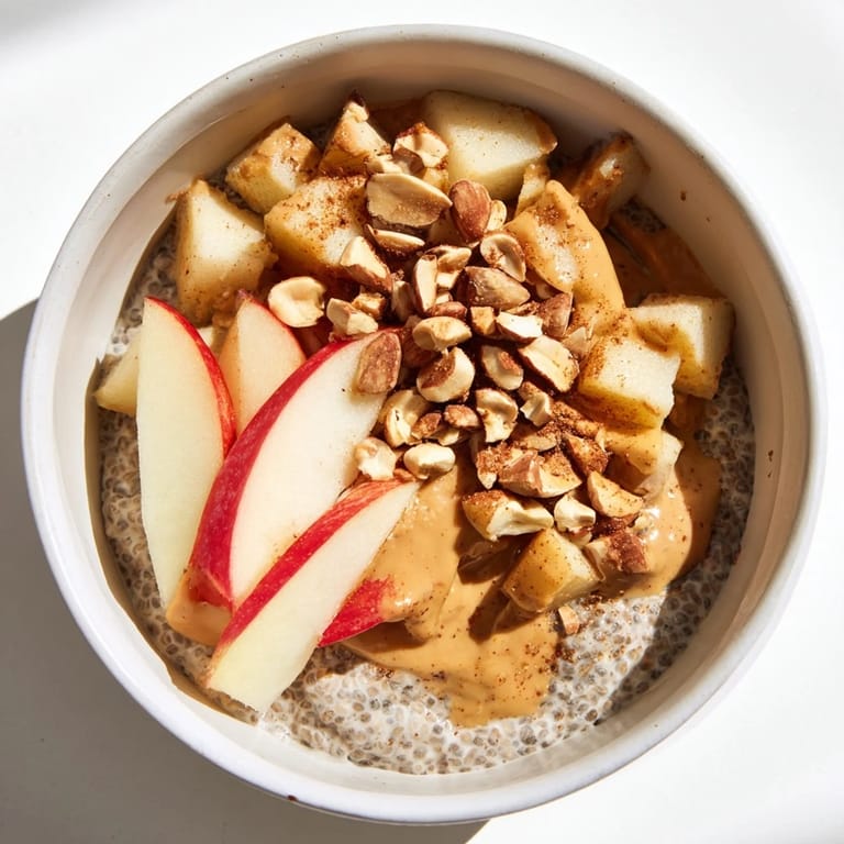 A close-up of layers of Apple-Chia Pudding, showcasing apple, peanut butter, and chia seeds.