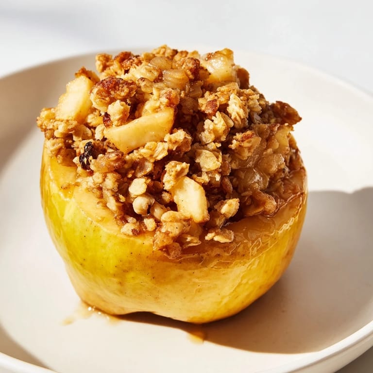 Enjoy a close-up of the Baked Apples with Oat-Nut Crumble, showing the golden baked topping and soft apple.