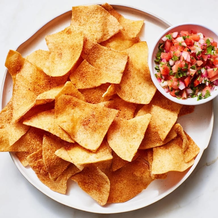 Close-up of freshly made air-fryer tortilla chips, perfect for dipping into a flavorful salsa.