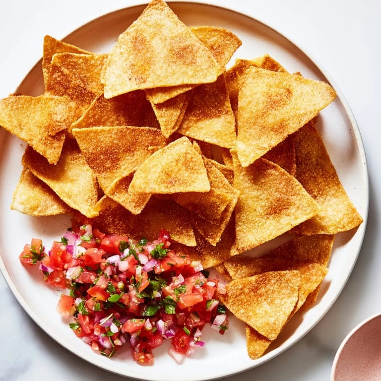 Air-fryer tortilla chips, warm and seasoned, are served alongside a colorful bowl of homemade salsa.