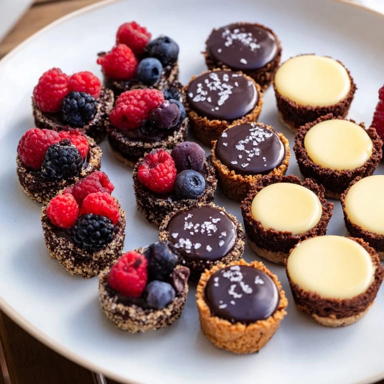 Close-up of the Mini Dessert Bites Trio: Creamy cheesecake, chocolate and lemon tarts look delicious.