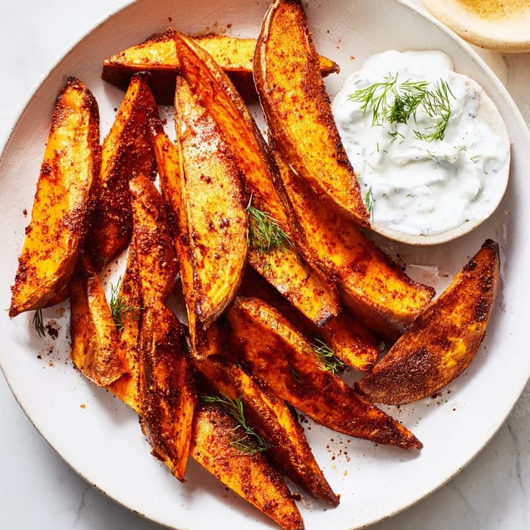 Crispy roasted sweet potato wedges, seasoned perfectly, ready to pair with fresh yogurt dip.