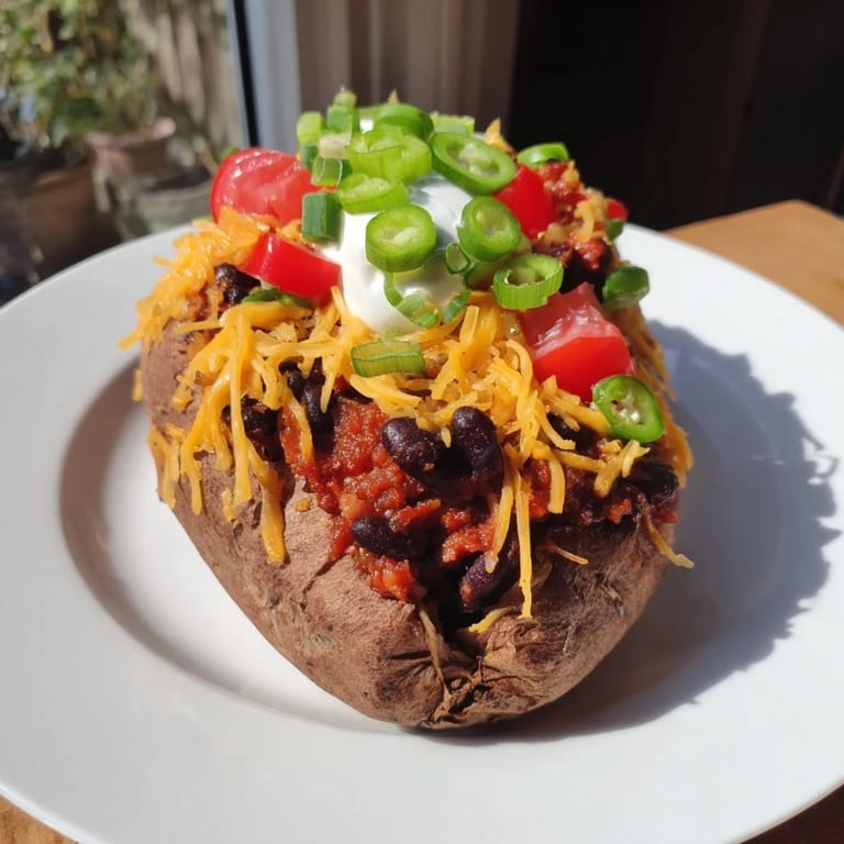 Steaming hot Loaded Baked Potato oozing melted cheese, a savory chili, and creamy toppings, perfect dinner.