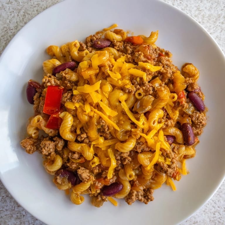 A bubbling skillet of Cheeseburger Chili Mac showcasing tender pasta in a savory beef and tomato sauce.