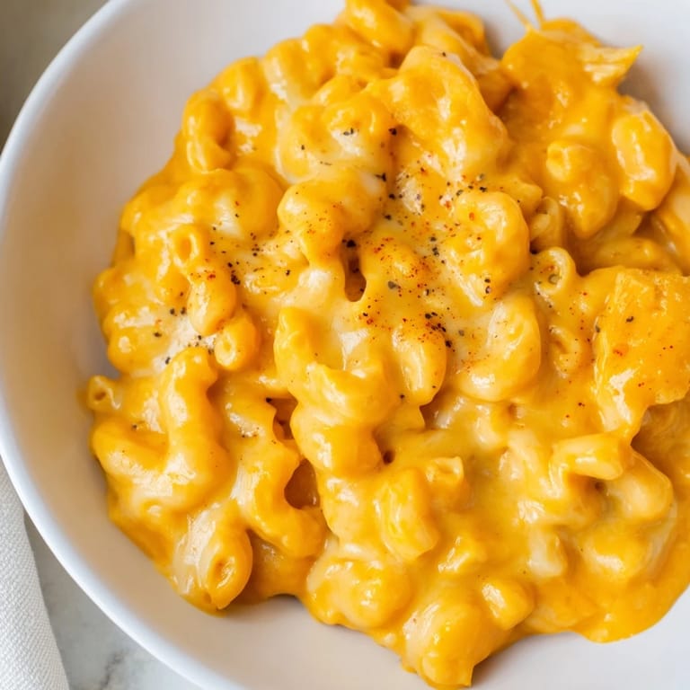 A close-up view of the rich, orange One-Pot Butternut Squash Mac & Cheese, ready to be served.