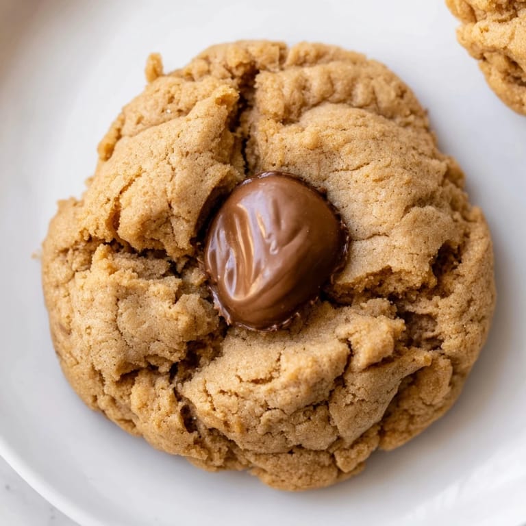Close-up of freshly baked 3-Ingredient Peanut Butter Blossoms, showing delightful cracks and a chocolate finish.