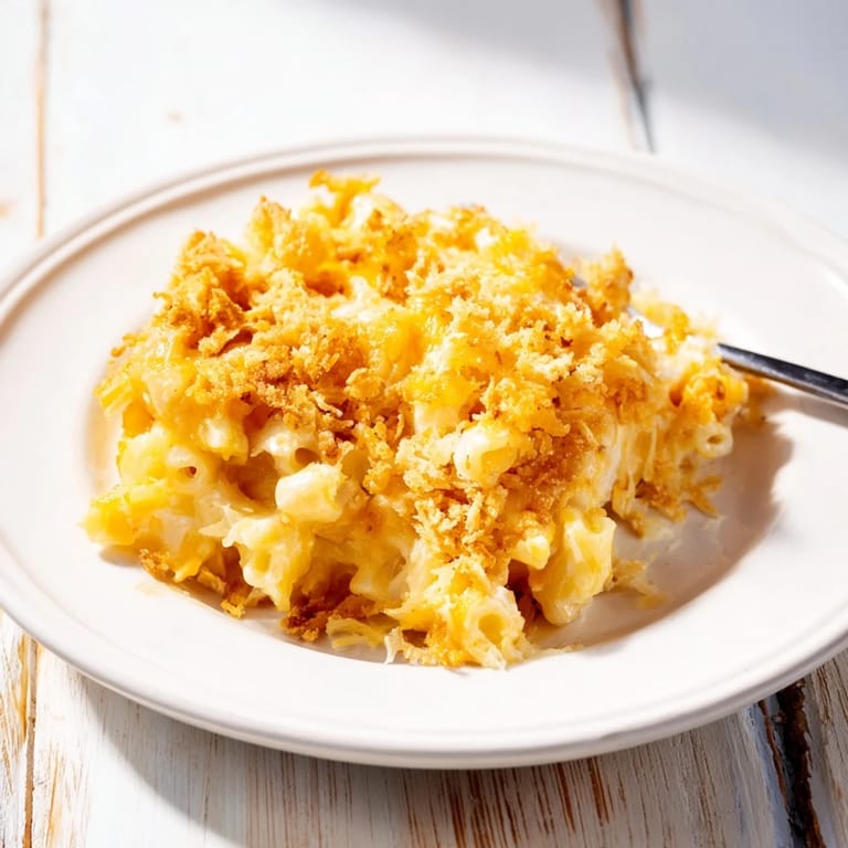 Melted cheese pull from a freshly baked casserole of classic Old-Fashioned Mac & Cheese.