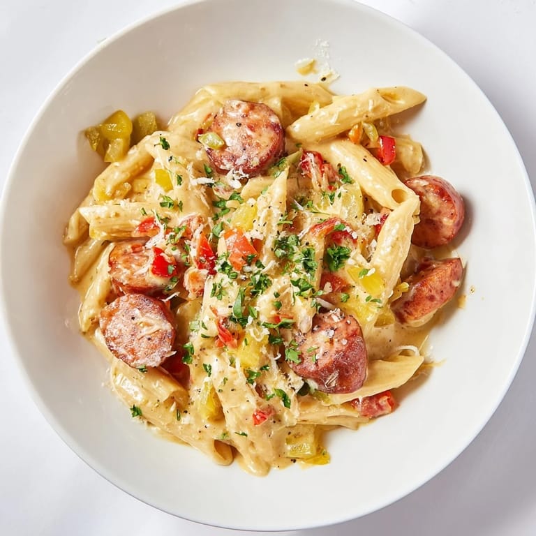 Close-up of the delicious Smoked Sausage Cajun Alfredo; creamy pasta and smoky sausage are perfectly combined.