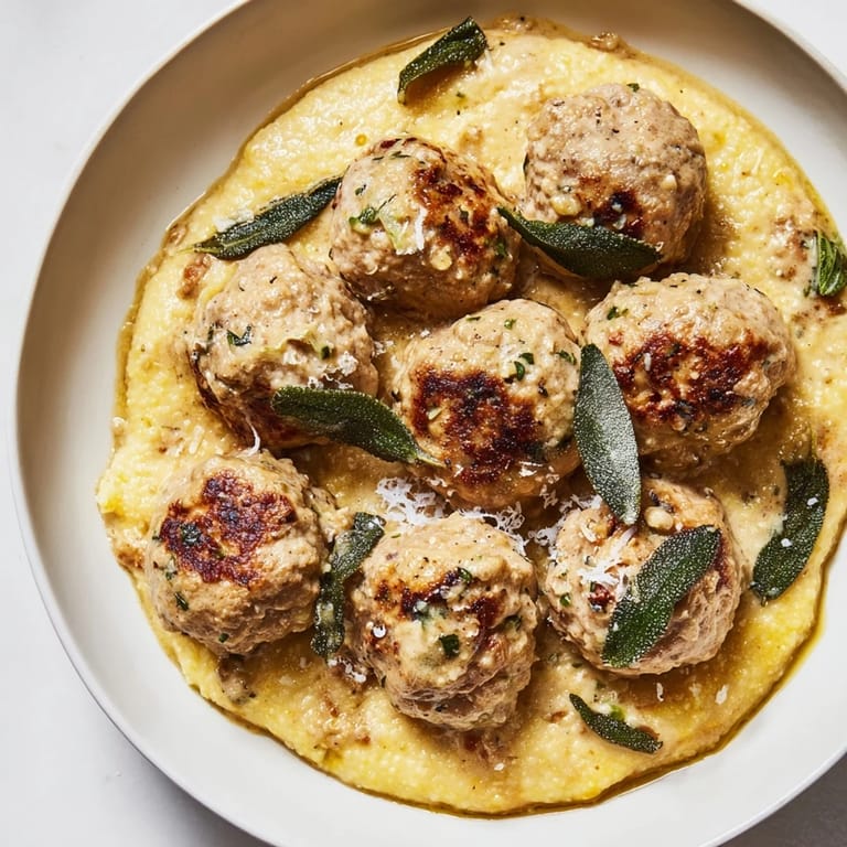 Warm, aromatic image: Turkey meatballs swimming in vibrant pumpkin sage sauce, ready to serve.