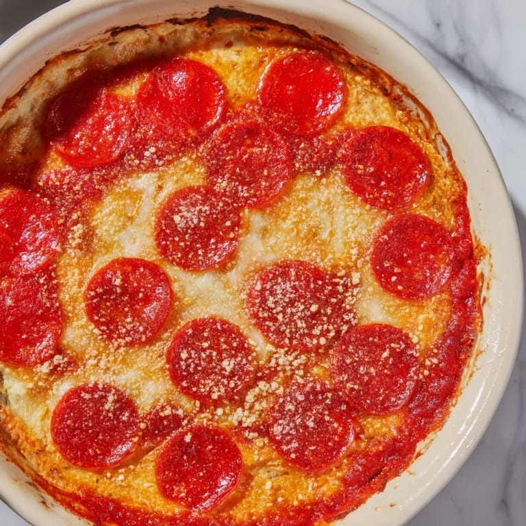 Warm and bubbly Pizza Dip, a cheesy appetizer with marinara sauce and golden top.