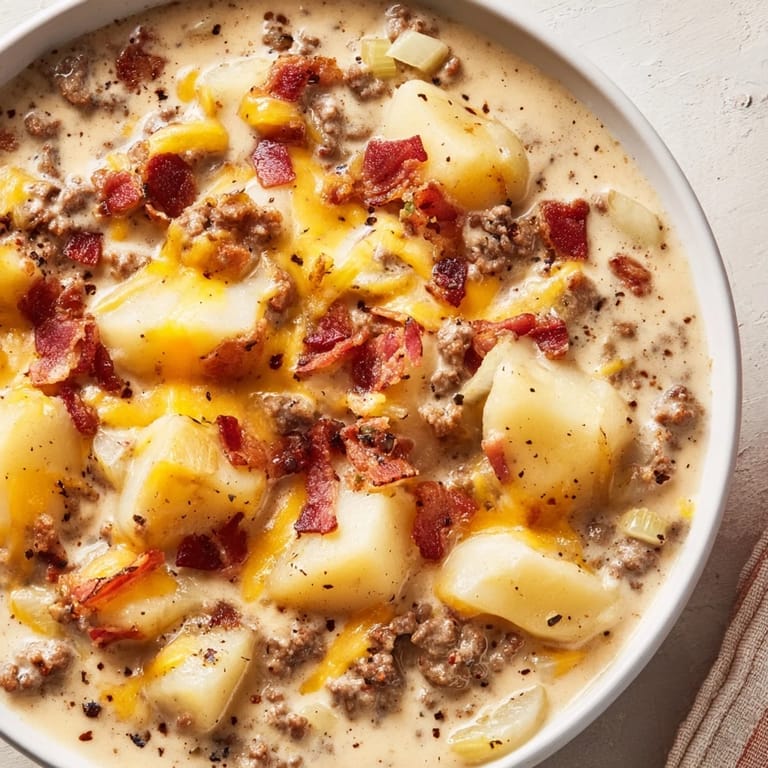 Get a taste of a classic cheeseburger in this steamy Crockpot Cheeseburger Soup, complete with pickles.