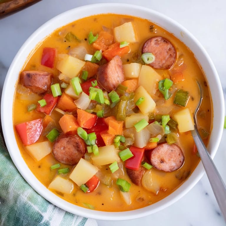 Close-up shot shows the rich, spiced Slow Cooker Cajun Potato Soup, perfect for a flavorful dinner.