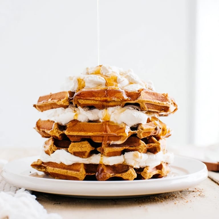Indulge in these easy Express Gingerbread Waffle Stacks: tender waffles piled with cream for breakfast or dessert.