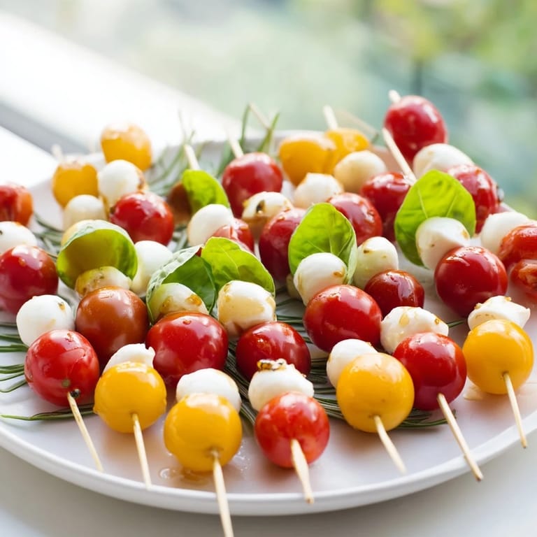 Homemade Easy Christmas Tree Caprese Skewers feature bright red tomatoes and fresh basil, a delicious vegetarian snack.