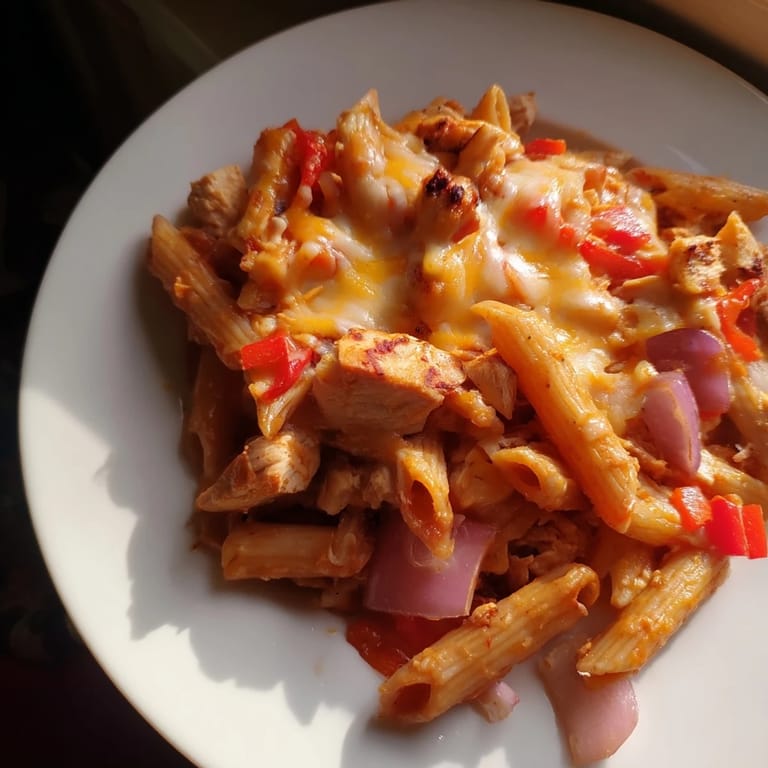 A close-up of a skillet filled with the delicious Baked Salsa Chicken Pasta, colorful and enticing.