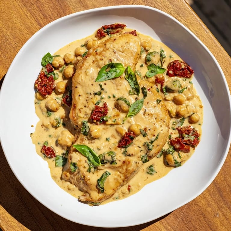This photo of High-Protein Marry Me Chicken and Chickpeas features a rich, bubbling sauce and tender chicken breasts.