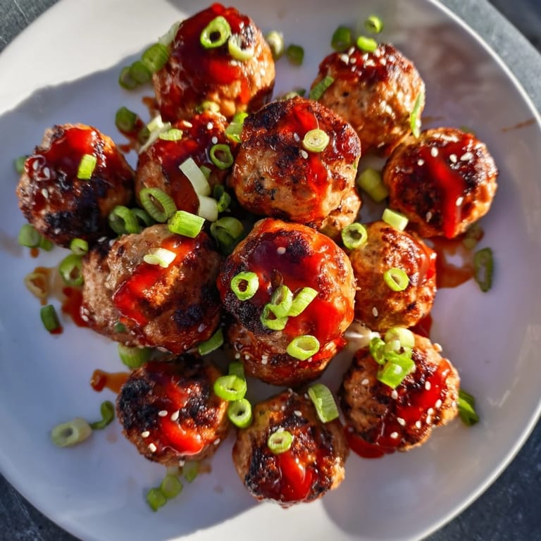 A plate of Spicy Honey-Glazed Chicken Meatballs, garnished with green onions, ready for a delicious meal.