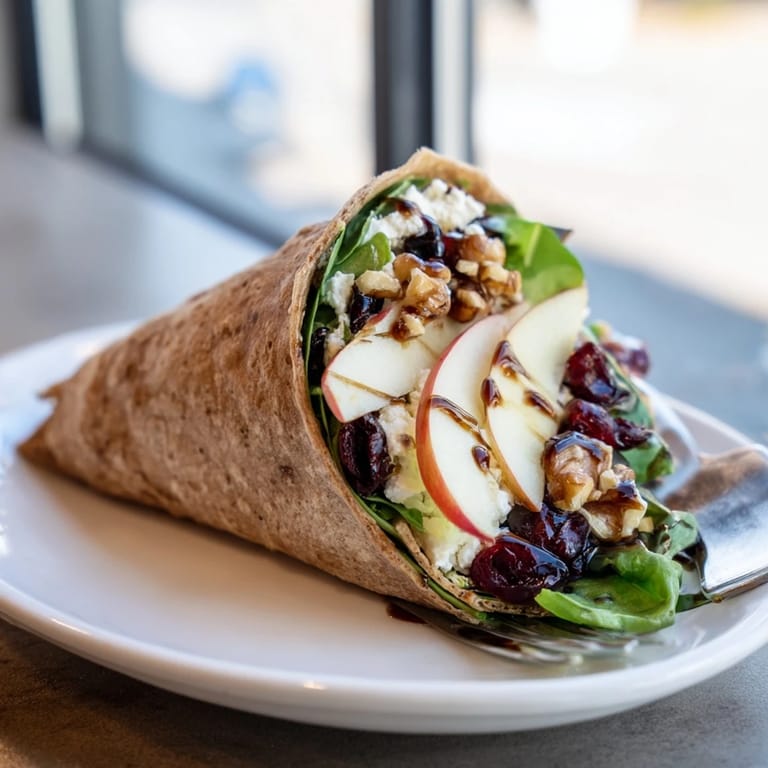 Close-up of a festive Cranberry Goat Cheese & Walnut Holiday Wrap, showcasing the creamy filling and textures.