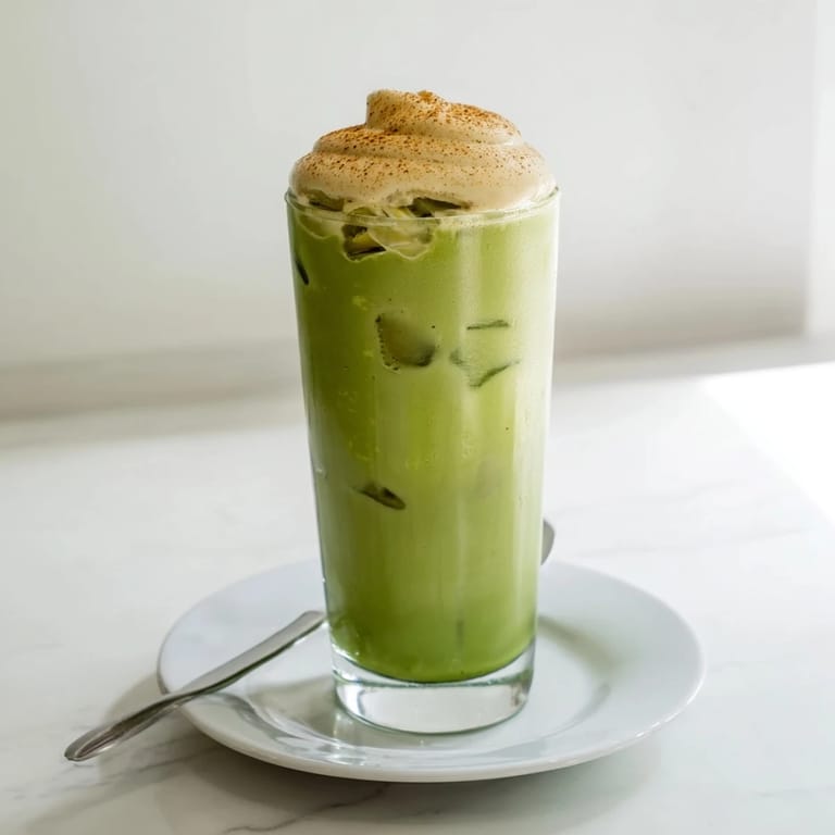This close-up shows the creamy protein foam topping the beautiful Cinnamon Roll Iced Matcha.