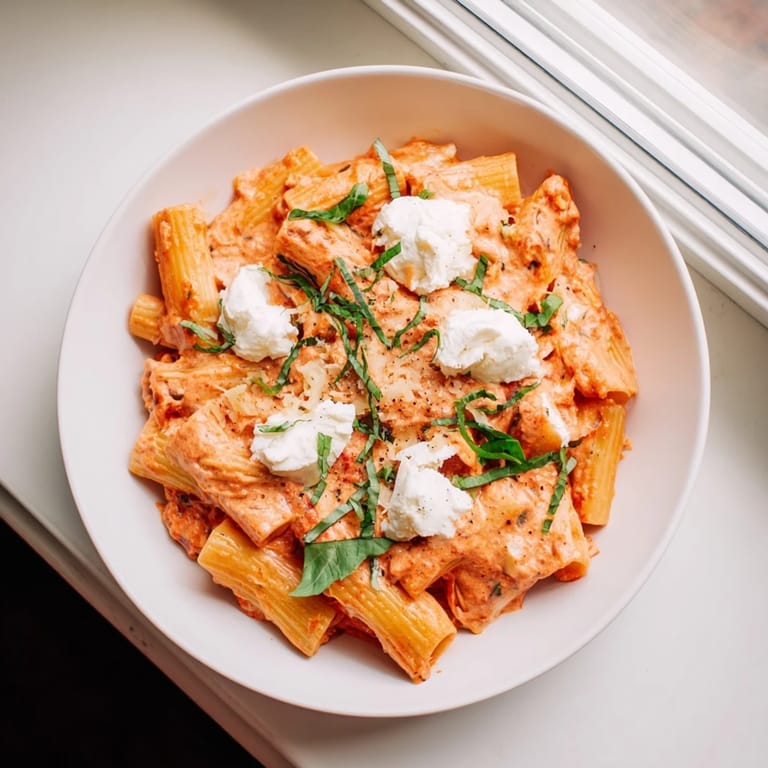 A close-up of Creamy Roasted Red Pepper Santa Hat Pasta with festive ricotta "hats" shows.