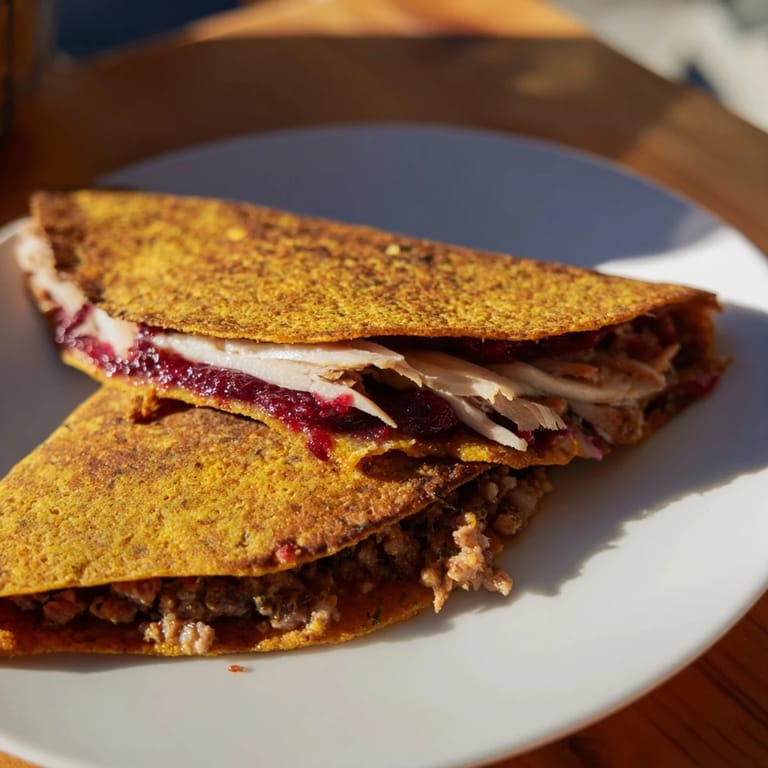 Warm and savory Turkey, Stuffing & Cranberry Leftovers Tortilla Wrap, a clever way to use holiday extras.