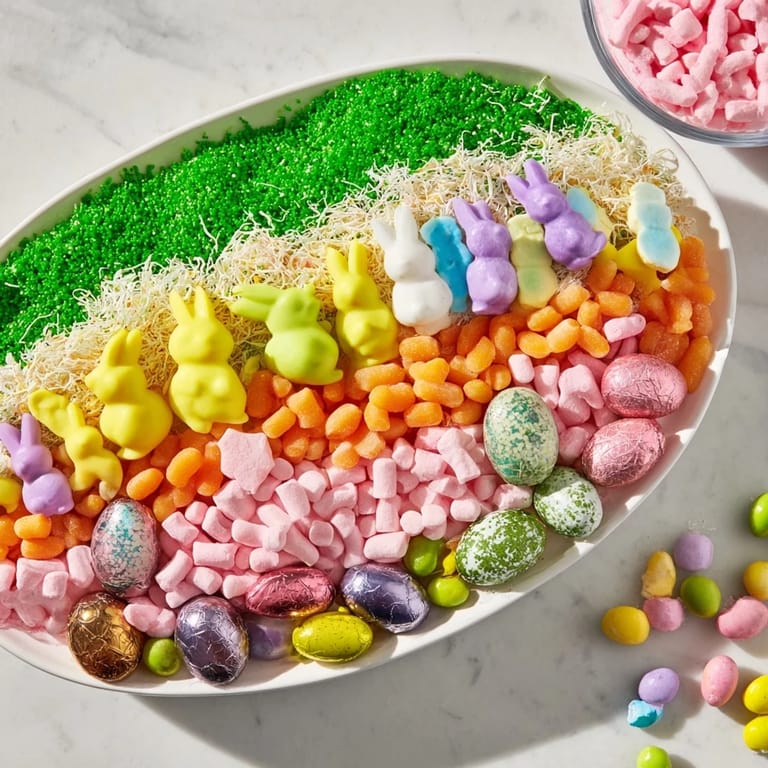 Vibrant egg-shaped candy platter offers a delightful selection of sweet, colorful candies perfect for sharing.