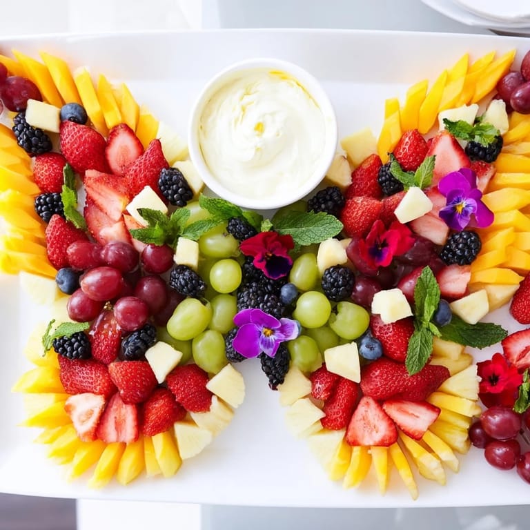 Vibrant Butterfly Garden Fruit Board features strawberries, blueberries, and mangoes, ready for spring snacking.