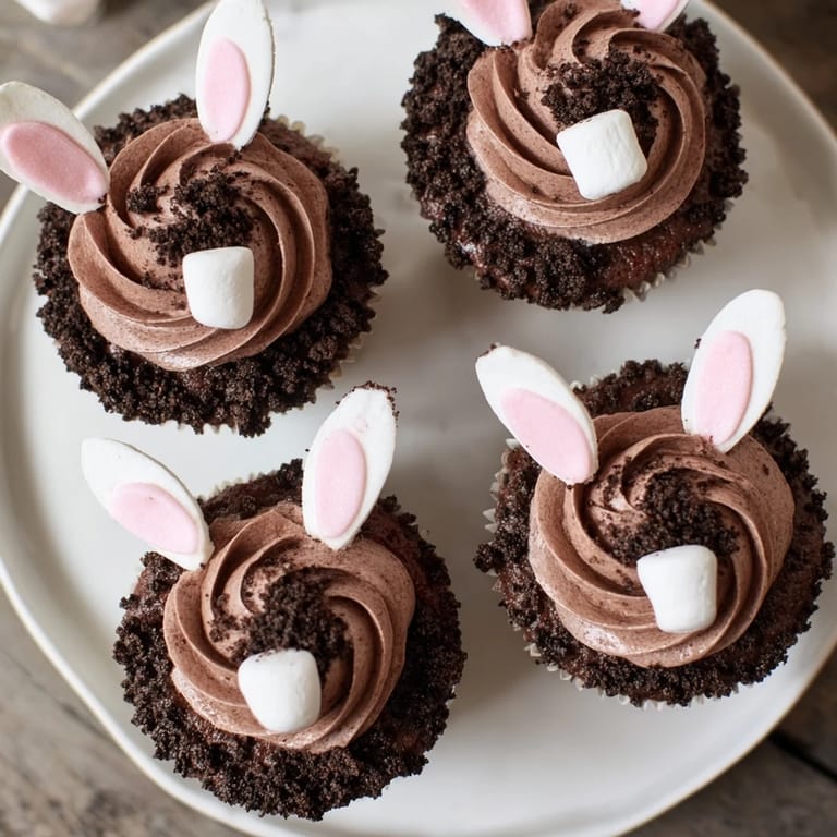 Vibrant overhead view of a Bunny Burrow Cupcake Tray, showcasing adorable decorated chocolate cupcakes, ready to serve.