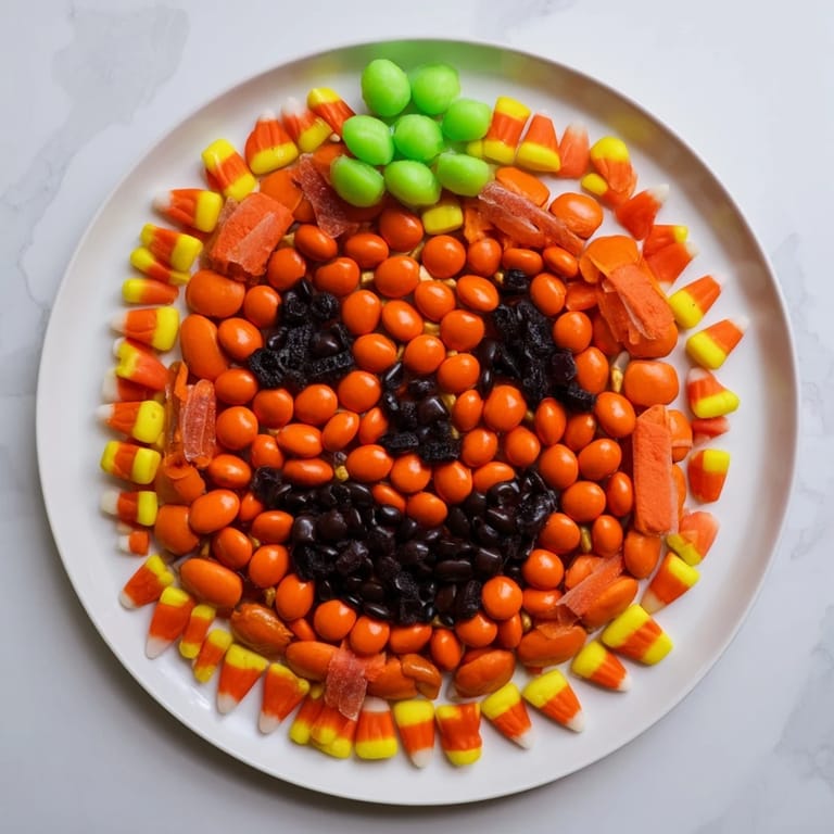 See this creative Jack-o-Lantern Candy board, filled with candy corn, licorice, and orange candies ready to serve.