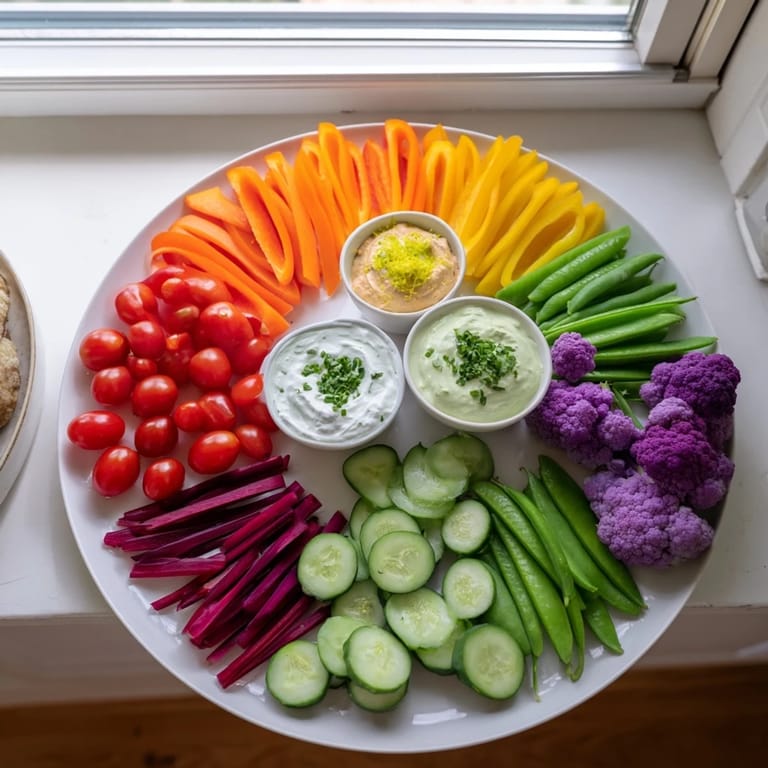 Close-up of a rainbow vegetable dips spread: carrots, peppers, and cauliflower with yummy hummus!