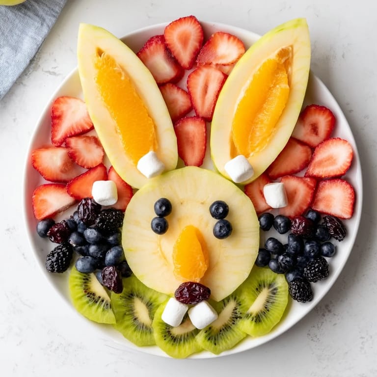 Freshly assembled Bunny Face Fruit Salad, a delightful platter of fruit perfect for snacks or a brunch centerpiece.