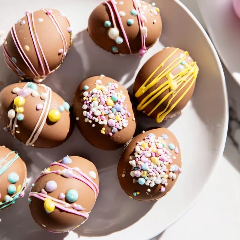 Homemade Easter candy eggs, dipped in chocolate and covered in sprinkles for a sweet treat.