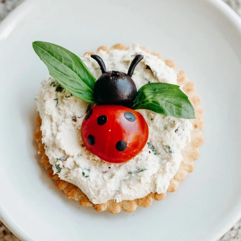 Close-up of bright Ladybug Tomato & Olive Bites, perfect for an easy, festive vegetarian appetizer.